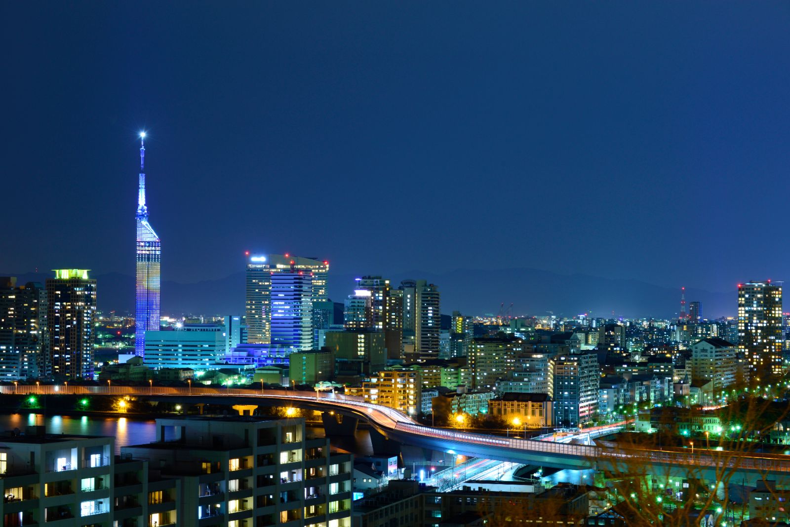 Fukuoka night skyline with Fukuoka Tower and the riverside