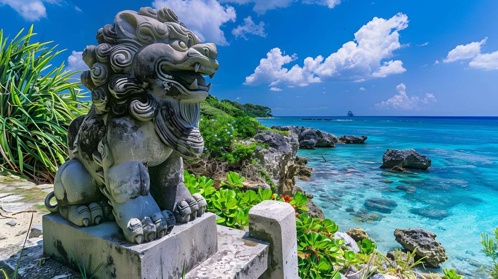 Shisa guardian statue overlooking the Okinawa coast